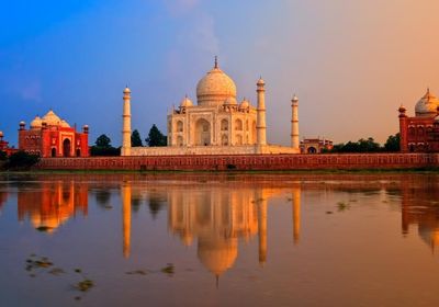 Indien Agra TajMahal Palast See Sonnenuntergang